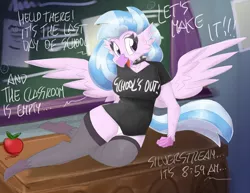 Size: 2200x1698 | Tagged: suggestive, artist:flutterthrash, derpibooru import, silverstream, anthro, hippogriff, apple, breasts, busty silverstream, chalkboard, choker, classroom, clothes, dialogue, food, image, panties, png, shirt, socks, spiked choker, stockings, t-shirt, thigh highs, underwear