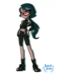 Size: 3111x4000 | Tagged: safe, artist:wenraz, derpibooru import, oc, oc:silent shot, unofficial characters only, equestria girls, boots, choker, clothes, equestria girls-ified, female, glasses, high heel boots, image, jacket, midriff, png, scar, shoes, shorts, simple background, socks, solo, sports bra, sunglasses, white background