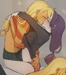 Size: 1920x2195 | Tagged: suggestive, artist:tcn1205, derpibooru import, edit, applejack, rarity, equestria girls, blushing, breast grab, breasts, clothes, cropped, eyes closed, female, grope, image, jpeg, kissing, lesbian, making out, panties, rarijack, sexy, shipping, sweater, underwear
