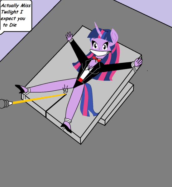 Size: 1198x1302 | Tagged: semi-grimdark, artist:walnutwilly, derpibooru import, twilight sparkle, anthro, human, unicorn, bondage, bound and gagged, cloth gag, clothes, costume, cute, danger, dialogue, female, gag, goggles, goldfinger, hoodie, horn, humanized, image, imminent death, james bond, laser, offscreen character, png, reference, scene interpretation, solo, speech bubble, this is going to hurt, this will end in death, this will end in tears, this will end in tears and/or death