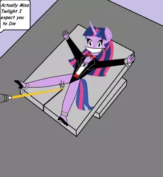 Size: 1198x1302 | Tagged: semi-grimdark, artist:walnutwilly, derpibooru import, twilight sparkle, anthro, human, unicorn, bondage, bound and gagged, cloth gag, clothes, costume, cute, danger, dialogue, female, gag, goggles, goldfinger, hoodie, horn, humanized, image, imminent death, james bond, laser, offscreen character, png, reference, scene interpretation, solo, speech bubble, this is going to hurt, this will end in death, this will end in tears, this will end in tears and/or death