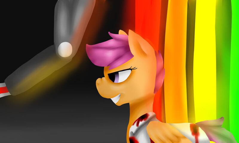 Size: 1024x615 | Tagged: semi-grimdark, artist:ashantii88, derpibooru import, scootaloo, pegasus, pony, fanfic:pegasus device, fanfic:rainbow factory, 2015, absentia, blood, blood stains, clothes, evil, evil grin, factory scootaloo, fanfic art, female, filly, foal, grin, gritted teeth, image, implied death, jpeg, lab coat, lidded eyes, lineless, liquid rainbow, looking at someone, offscreen character, pegasus device, smiling, spectra, teeth, wings