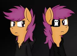 Size: 1024x745 | Tagged: safe, artist:atomponies, derpibooru import, scootaloo, pegasus, pony, fanfic:rainbow factory, 2013, absentia, alternate hairstyle, black background, black hoodie, clothes, duality, eyepatch, factory scootaloo, fanfic art, female, frown, hoodie, image, looking at each other, looking at someone, mare, messy mane, png, simple background