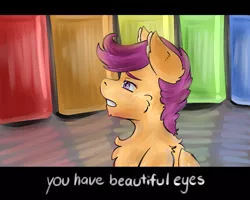 Size: 1000x800 | Tagged: safe, artist:thetruecrystalvixen, derpibooru import, scootaloo, pegasus, pony, fanfic:rainbow factory, 2021, absentia, back fluff, cheek fluff, chest fluff, dialogue, ear fluff, fanfic art, female, filly, foal, gritted teeth, image, liquid rainbow, looking up, pegasus device, png, sad, solo, spectra, teeth, wings