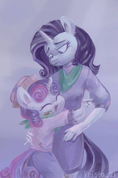 Size: 793x1200 | Tagged: safe, artist:krista-21, derpibooru import, rarity, sweetie belle, anthro, sisterhooves social, cute, duo, female, hug, image, jpeg, sibling love, siblings, simple background, sisterly love, sisters