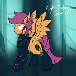 Size: 750x750 | Tagged: safe, artist:conmanwolf, derpibooru import, scootaloo, pegasus, pony, fanfic:rainbow factory, absentia, absentia's cutie mark, cyberpunk, ear fluff, factory scootaloo, fanfic art, female, frown, image, looking back, messy mane, png, raised hoof, solo, spread wings, wings