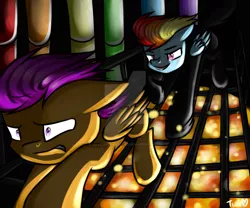 Size: 1024x854 | Tagged: semi-grimdark, artist:silverlunarscape, derpibooru import, rainbow dash, scootaloo, pegasus, pony, fanfic:rainbow factory, 2015, black suit, chase, deviantart watermark, dyed tail, evil grin, fanfic art, female, filly, foal, folded wings, grin, gritted teeth, image, jpeg, liquid rainbow, looking at someone, looking forward, mare, obtrusive watermark, pegasus device, rainbow factory dash, running, shrunken pupils, smiling, spectra, tail, teeth, this will end in death, this will end in tears, this will end in tears and/or death, watermark, wings