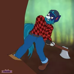 Size: 3000x3000 | Tagged: safe, artist:mostlymlpanthroporn, derpibooru import, anthro, axe, beanie, boots, clothes, hat, image, jeans, lumberjack, male, pants, png, shoes, sketch, weapon