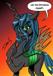 Size: 2481x3508 | Tagged: safe, artist:memprices, derpibooru import, queen chrysalis, changeling, changeling queen, comic style, eye clipping through hair, eyebrows, eyebrows visible through hair, female, gradient background, high res, hoof on chest, image, looking at you, open mouth, open smile, png, shading, signature, smiling, smiling at you, solo, speech bubble, talking to viewer, text