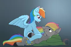 Size: 4606x3043 | Tagged: safe, derpibooru import, rainbow dash, oc, oc:dark rainbow, pegasus, pony, blushing, canon x oc, commission, cuddling, cute, darsh, eye contact, female, female on male, image, looking at each other, looking at someone, lying down, male, mare, pegasus oc, png, shipping, simple background, stallion, straight, tongue out, wings, ych result