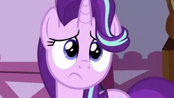 Size: 1280x720 | Tagged: safe, derpibooru import, screencap, starlight glimmer, pony, unicorn, fame and misfortune, season 7, cute, female, frown, glimmerbetes, image, implied rarity, looking at you, mare, png, sad, sadlight glimmer, sadorable, solo