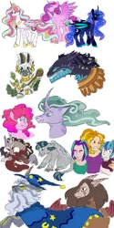 Size: 1280x2560 | Tagged: safe, artist:itsvoids, derpibooru import, adagio dazzle, ahuizotl, aria blaze, discord, mistmane, pinkie pie, princess cadance, princess celestia, princess luna, scorpan, sonata dusk, star swirl the bearded, stygian, zecora, alicorn, draconequus, earth pony, pony, unicorn, zebra, equestria girls, alicorn triarchy, alternate universe, female, head, image, male, mare, png, simple background, stallion, story included, the dazzlings, upper body, white background