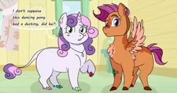 Size: 1280x674 | Tagged: safe, artist:itsvoids, derpibooru import, scootaloo, sweetie belle, pegasus, pony, unicorn, on your marks, bandaid, breasts, cloven hooves, clubhouse, crusaders clubhouse, duo, female, filly, foal, image, jpeg, leonine tail, missing cutie mark, scene interpretation, tail