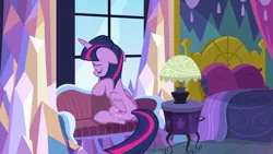 Size: 1280x720 | Tagged: safe, derpibooru import, screencap, twilight sparkle, twilight sparkle (alicorn), alicorn, pony, fame and misfortune, season 7, couch, female, image, lonely, mare, png, sad, solo