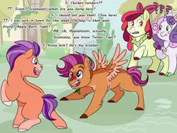 Size: 1280x960 | Tagged: safe, artist:itsvoids, derpibooru import, apple bloom, scootaloo, sweetie belle, tender taps, earth pony, pegasus, pony, unicorn, on your marks, alternate design, alternate universe, brother and sister, colt, cutie mark crusaders, dialogue, female, filly, foal, image, male, missing cutie mark, png, question mark, siblings, spread wings, wings