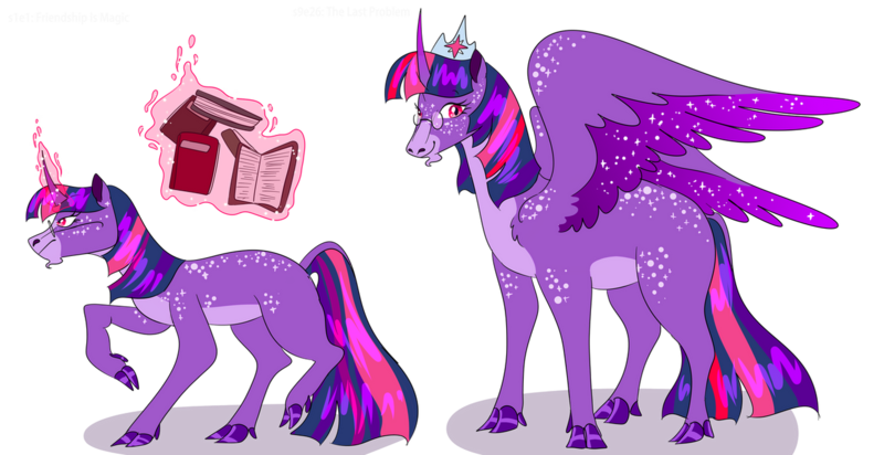 Size: 1280x659 | Tagged: safe, artist:itsvoids, derpibooru import, twilight sparkle, twilight sparkle (alicorn), alicorn, classical unicorn, pony, unicorn, alternate design, book, cloven hooves, crown, female, glasses, image, jewelry, leonine tail, levitation, magic, mare, png, regalia, simple background, solo, telekinesis, transparent background, twitterina design, ultimate twilight, unicorn twilight, unshorn fetlocks