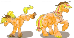 Size: 1280x659 | Tagged: safe, artist:itsvoids, derpibooru import, applejack, earth pony, pony, alternate design, bucking, clothes, female, granny smith's shawl, image, mare, older, older applejack, png, scarf, solo, twitterina design, unshorn fetlocks