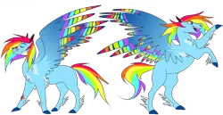 Size: 1280x659 | Tagged: safe, artist:itsvoids, derpibooru import, rainbow dash, pegasus, pony, bandaid, colored wings, feathered fetlocks, female, image, mare, missing cutie mark, multicolored wings, older, older rainbow dash, png, rainbow wings, rearing, solo, spread wings, wings