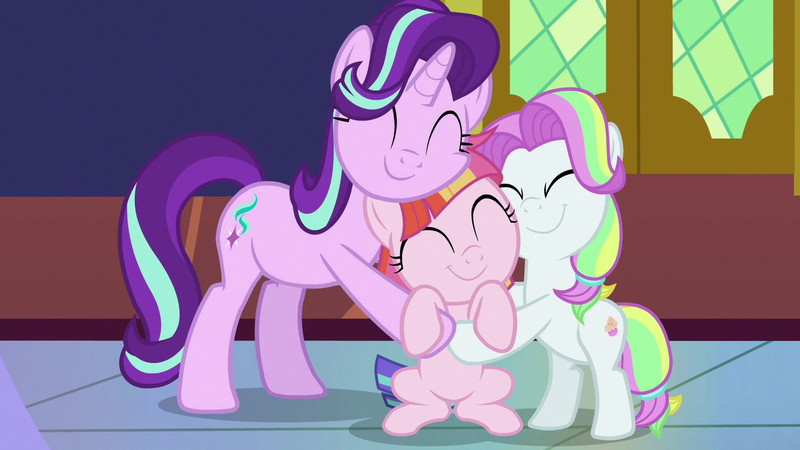 Size: 1280x720 | Tagged: safe, derpibooru import, screencap, coconut cream, starlight glimmer, toola roola, earth pony, pony, unicorn, fame and misfortune, :t, ^^, c:, cheek squish, coconut cute, cute, daaaaaaaaaaaw, eyes closed, female, filly, foal, glimmerbetes, group hug, hnnng, hug, image, mare, multicolored hair, multicolored mane, png, roolabetes, smiling, squishy cheeks, trio, trio female, weapons-grade cute