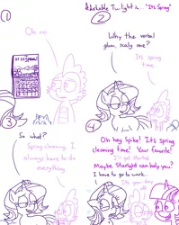 Size: 4779x6013 | Tagged: safe, artist:adorkabletwilightandfriends, derpibooru import, spike, starlight glimmer, twilight sparkle, twilight sparkle (alicorn), oc, oc:pinenut, alicorn, cat, comic:adorkable twilight and friends, adorkable, adorkable twilight, comic, cute, dork, excuses, exposed, happy, humor, image, png, spring, tail