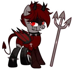 Size: 971x928 | Tagged: safe, artist:idkhesoff, derpibooru import, oc, oc:lucy fair, unofficial characters only, bat pony, demon, demon pony, original species, pony, anklet, armor, bat pony oc, bat wings, blood, choker, clothes, crying, derpibooru exclusive, devil, devil horns, devil tail, female, grin, horns, image, jewelry, lip piercing, mare, markings, nose piercing, nose ring, piercing, pitchfork, png, simple background, smiling, snake bites, socks, solo, spiked choker, stockings, tail, tears of blood, thigh highs, transparent background, wings