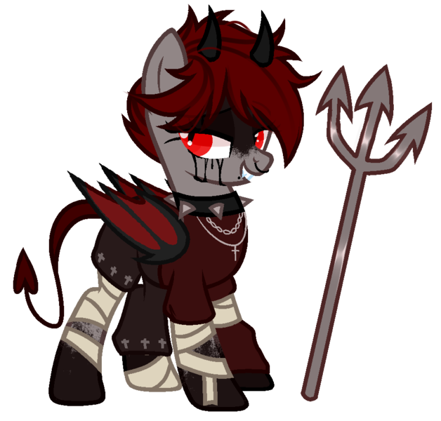 Size: 971x928 | Tagged: safe, artist:idkhesoff, derpibooru import, oc, oc:lucy fair, unofficial characters only, bat pony, demon, demon pony, original species, pony, bandage, bat pony oc, bat wings, blood, choker, clothes, cross, crying, derpibooru exclusive, devil, devil horns, devil tail, female, grin, horns, image, jewelry, lip piercing, mare, markings, necklace, nose piercing, nose ring, pants, piercing, pitchfork, png, shirt, simple background, smiling, snake bites, solo, spiked choker, tail, tears of blood, transparent background, wings