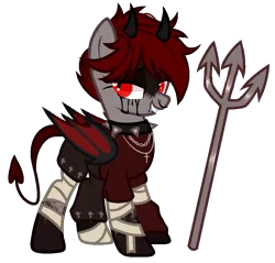 Size: 971x928 | Tagged: safe, artist:idkhesoff, derpibooru import, oc, oc:lucy fair, unofficial characters only, bat pony, demon, demon pony, original species, pony, bandage, bat pony oc, bat wings, blood, choker, clothes, cross, crying, derpibooru exclusive, devil, devil horns, devil tail, female, grin, horns, image, jewelry, lip piercing, mare, markings, necklace, nose piercing, nose ring, pants, piercing, pitchfork, png, shirt, simple background, smiling, snake bites, solo, spiked choker, tail, tears of blood, transparent background, wings