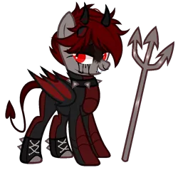 Size: 971x928 | Tagged: safe, artist:idkhesoff, derpibooru import, oc, oc:lucy fair, unofficial characters only, bat pony, demon, demon pony, original species, pony, armor, bat pony oc, bat wings, blood, boots, choker, clothes, crying, derpibooru exclusive, devil, devil horns, devil tail, female, grin, horns, image, lip piercing, mare, markings, nose piercing, nose ring, piercing, pitchfork, png, shoes, simple background, smiling, snake bites, solo, spiked choker, tail, tears of blood, transparent background, wings