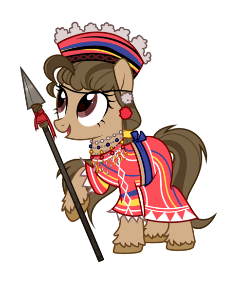 Size: 2286x2772 | Tagged: safe, artist:idkhesoff, derpibooru import, oc, oc:ligaya, unofficial characters only, earth pony, pony, clothes, ear piercing, earring, earth pony oc, female, filipino, full body, hat, high res, hoof hold, image, jewelry, mare, necklace, open mouth, open smile, piercing, png, shirt, show accurate, simple background, skirt, smiling, solo, spear, standing, transparent background, unshorn fetlocks, weapon