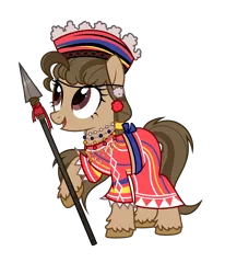 Size: 2286x2772 | Tagged: safe, artist:idkhesoff, derpibooru import, oc, oc:ligaya, unofficial characters only, earth pony, pony, clothes, ear piercing, earring, earth pony oc, female, filipino, full body, hat, high res, hoof hold, image, jewelry, mare, necklace, open mouth, open smile, piercing, png, shirt, show accurate, simple background, skirt, smiling, solo, spear, standing, transparent background, unshorn fetlocks, weapon