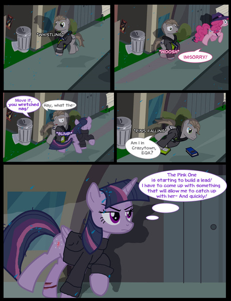 Size: 1042x1358 | Tagged: safe, artist:dendoctor, derpibooru import, mean twilight sparkle, pinkie pie, twilight sparkle, twilight sparkle (alicorn), alicorn, earth pony, pony, comic:clone.., alternate universe, book, clone, clothes, comic, female, image, injured, jpeg, pinkie clone, rain, trash can