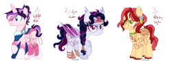 Size: 1600x572 | Tagged: safe, artist:blauyblu, artist:mint-light, derpibooru import, oc, unofficial characters only, bat pony, earth pony, pony, unicorn, base used, cloak, clothes, collar, colored pupils, ear piercing, earring, ethereal mane, female, image, jewelry, male, mare, offspring, parent:big macintosh, parent:flash sentry, parent:fluttershy, parent:king sombra, parent:princess luna, parent:twilight sparkle, parents:flashlight, parents:fluttermac, parents:lumbra, piercing, png, simple background, stallion, starry mane, tiara, traditional art, transparent background, trio, watermark
