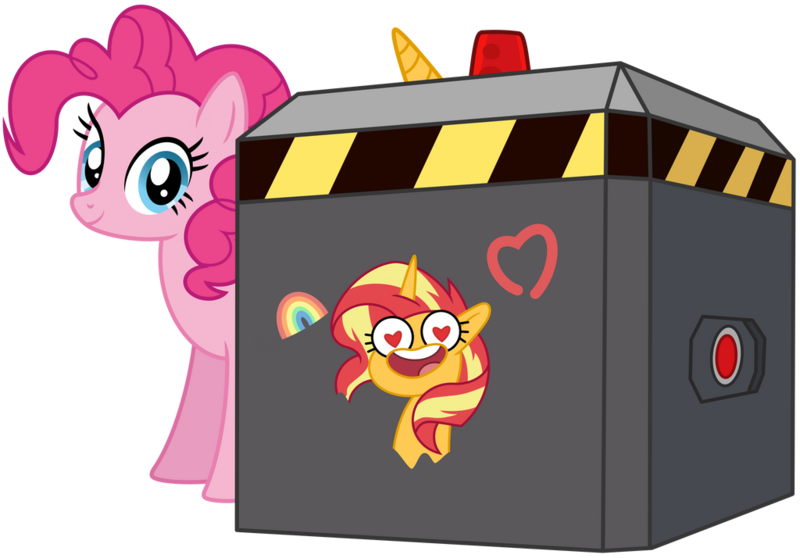 Size: 1024x714 | Tagged: safe, artist:emeraldblast63, derpibooru import, pinkie pie, sunset shimmer, earth pony, pony, unicorn, my little pony: tell your tale, the unboxing of izzy, spoiler:g5, spoiler:my little pony: tell your tale, spoiler:tyts01e06, female, g4, g5, g5 to g4, generation leap, image, mare, png, simple background, transparent background, trap (device), unicorn entrapment device