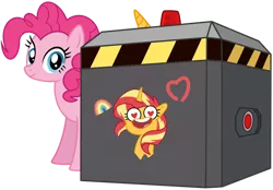 Size: 1024x714 | Tagged: safe, artist:emeraldblast63, derpibooru import, pinkie pie, sunset shimmer, earth pony, pony, unicorn, my little pony: tell your tale, the unboxing of izzy, spoiler:g5, spoiler:my little pony: tell your tale, spoiler:tyts01e06, female, g4, g5, g5 to g4, generation leap, image, mare, png, simple background, transparent background, trap (device), unicorn entrapment device