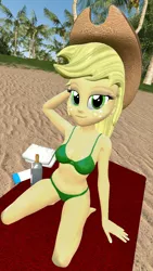 Size: 900x1600 | Tagged: suggestive, artist:oatmeal!, derpibooru import, applejack, equestria girls, 3d, arm behind head, beach, belly button, bikini, breasts, clothes, cowboy hat, gmod, hat, image, kneeling, looking at you, palm tree, png, sexy, solo, swimsuit, towel, tree, tropical