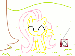 Size: 1200x900 | Tagged: safe, artist:purblehoers, derpibooru import, fluttershy, pegasus, pony, animated, dancing, eyes closed, female, gif, grass, hill, image, mare, ms paint, outdoors, party soft, radio, raised hoof, smiling, solo, tree