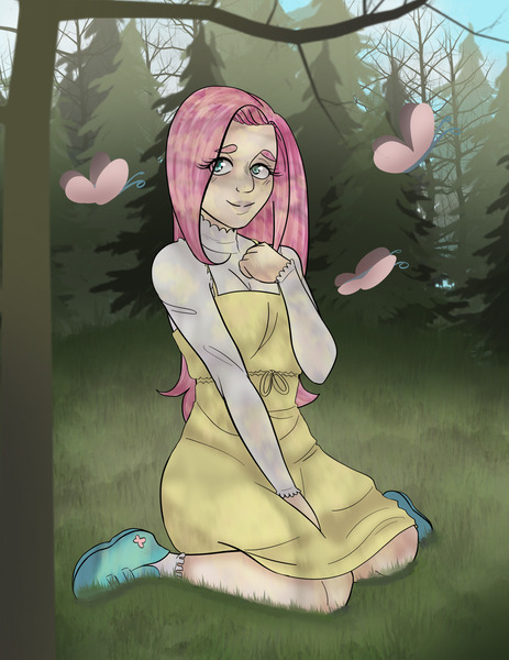 Size: 1582x2048 | Tagged: safe, artist:underrateddoormatt, derpibooru import, fluttershy, butterfly, human, insect, clothes, dress, female, forest, humanized, image, jpeg, kneeling, long sleeves, shoes, solo, tree