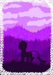 Size: 1748x2480 | Tagged: safe, artist:hrabiadeblacksky, derpibooru import, oc, oc:hrabia de black sky, unofficial characters only, hybrid, pony, cloud, forest, forest background, image, male, png, purple background, simple background, solo, stallion, tree