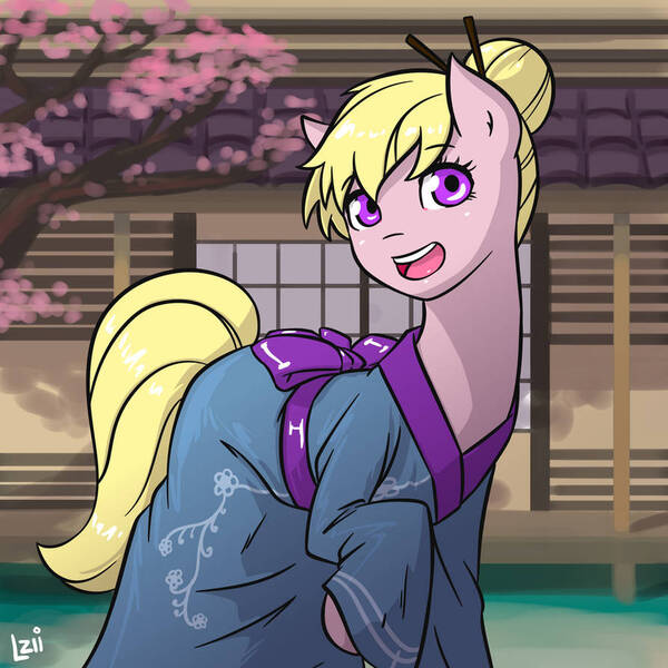 Size: 894x894 | Tagged: safe, artist:elzielai, oc, earth pony, pony, image, japanese, jpeg, moon runes, sakura tree, yukata