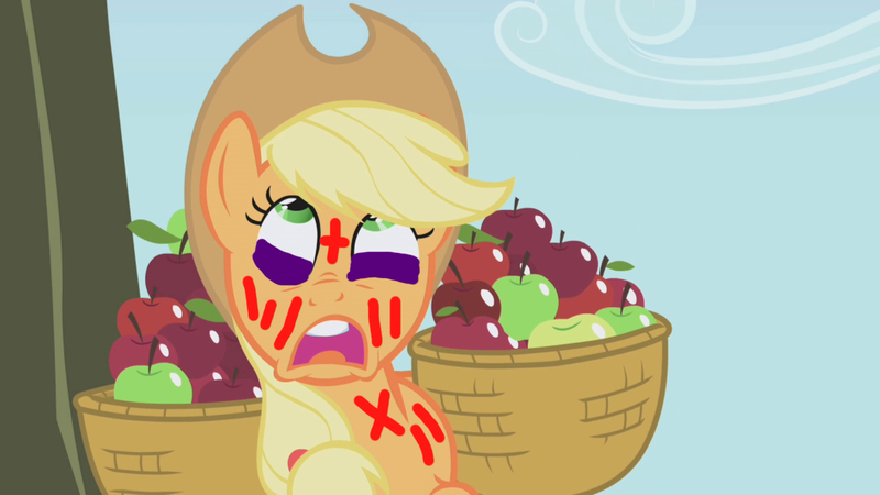 Size: 1280x720 | Tagged: grimdark, derpibooru import, edit, edited screencap, screencap, applejack, earth pony, pony, applebuck season, season 1, abuse, abuse edit, apple, applejack's hat, black eye, bleeding, blood, bruised, bucket, cowboy hat, faic, female, food, hat, image, injured, jackabuse, looking up, mare, open mouth, png, solo, tree