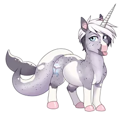 Size: 3240x3062 | Tagged: safe, artist:askbubblelee, derpibooru import, oc, oc:trots n socks, unofficial characters only, hybrid, narwhal, sea pony, unicorn, :p, butt freckles, cutie mark, female, fish tail, freckles, hooves, image, png, ponysona, solo, solo female, tail, tongue out