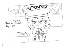 Size: 1162x851 | Tagged: safe, artist:tjpones, derpibooru import, adagio dazzle, equestria girls, black and white, cash register, dialogue, female, grayscale, hat, hot dog and bun, image, lidded eyes, monochrome, name tag, png, retail, sigh, sketch, solo