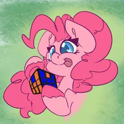 Size: 1534x1533 | Tagged: safe, artist:leadhooves, derpibooru import, pinkie pie, earth pony, pony, abstract background, colored pupils, cute, dexterous hooves, diapinkes, female, hoof hold, image, jpeg, mare, parity, rubik's cube, solo, tongue out, unshorn fetlocks