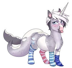 Size: 3240x3062 | Tagged: safe, artist:askbubblelee, derpibooru import, oc, oc:trots n socks, narwhal, sea pony, unicorn, :p, adorasexy, clothes, coat markings, cute, female, horn, image, png, sexy, socks, socks (coat marking), solo, tongue out