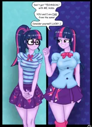 Size: 1280x1761 | Tagged: safe, artist:lennondash, derpibooru import, sci-twi, twilight sparkle, equestria girls, bowtie, breasts, busty sci-twi, busty twilight sparkle, clothes, duo, duo female, female, geode of telekinesis, glasses, grin, image, jpeg, leg warmers, lidded eyes, looking at each other, looking at someone, magical geodes, ponytail, self paradox, skirt, smiling, speech bubble, thumbs up, twolight