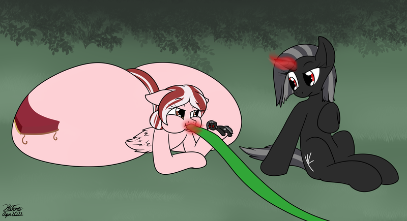 Size: 3165x1719 | Tagged: questionable, artist:the-furry-railfan, derpibooru import, oc, oc:cherry blossom, oc:shurelya, unofficial characters only, pegasus, unicorn, butt, confused, garden hose, huge butt, image, impossibly large butt, inflation, large butt, magic, png, telekinesis, this will end in balloons, voodoo doll