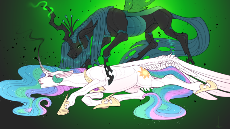 Size: 1920x1080 | Tagged: safe, artist:snowberry, derpibooru import, princess celestia, queen chrysalis, alicorn, changeling, changeling queen, pony, a canterlot wedding, abstract background, canterlot wedding 10th anniversary, crown, curved horn, duo, ethereal mane, eyes closed, female, floppy ears, glow, glowing eyes, glowing horn, horn, image, jewelry, looking at you, lying down, magic, mare, open mouth, png, prone, realistic horse legs, regalia, side, smiling, smoke, spread wings, unconscious, wings