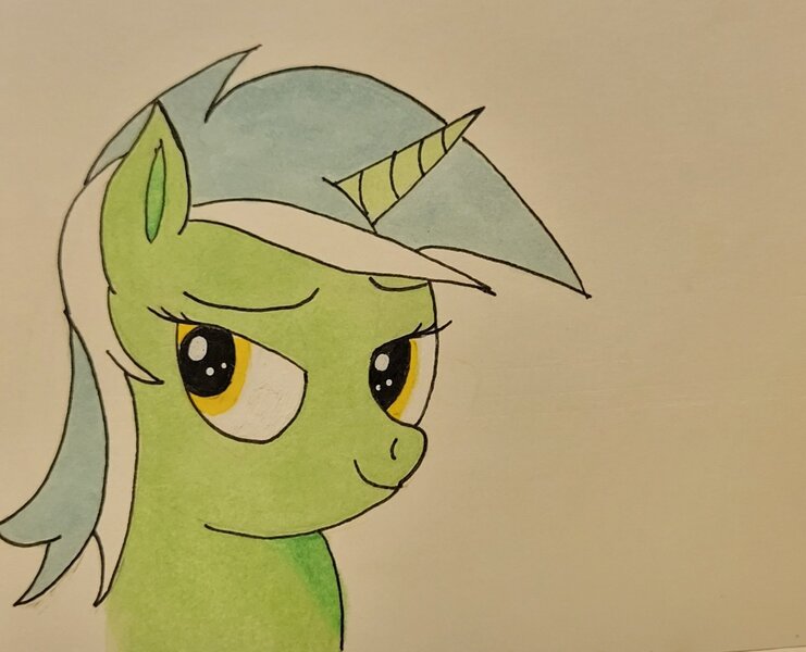 Size: 1698x1375 | Tagged: safe, artist:polar_storm, derpibooru import, lyra heartstrings, pony, unicorn, colored, female, image, jpeg, mare, simple background, sketch, smiling, smug, solo, traditional art, white background