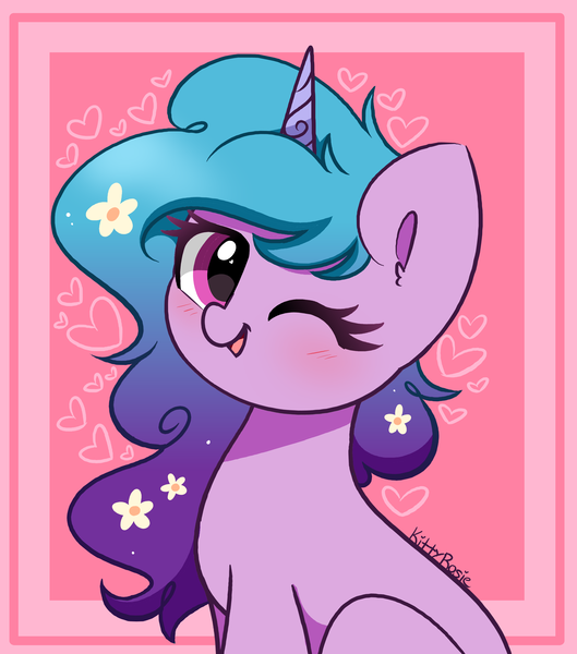 Size: 2917x3308 | Tagged: safe, artist:kittyrosie, derpibooru import, izzy moonbow, pony, unicorn, abstract background, blushing, female, flower, flower in hair, g5, heart, high res, image, looking at you, mare, one eye closed, png, simple background, smiling, smiling at you, solo, wink, winking at you