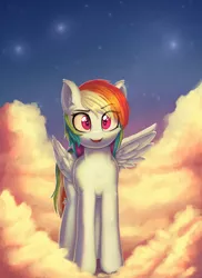 Size: 1688x2320 | Tagged: safe, artist:alexander56910, derpibooru import, rainbow dash, pegasus, pony, cloud, ear fluff, happy, image, png, raised eyebrow, sky, solo, spread wings, sunset, wings